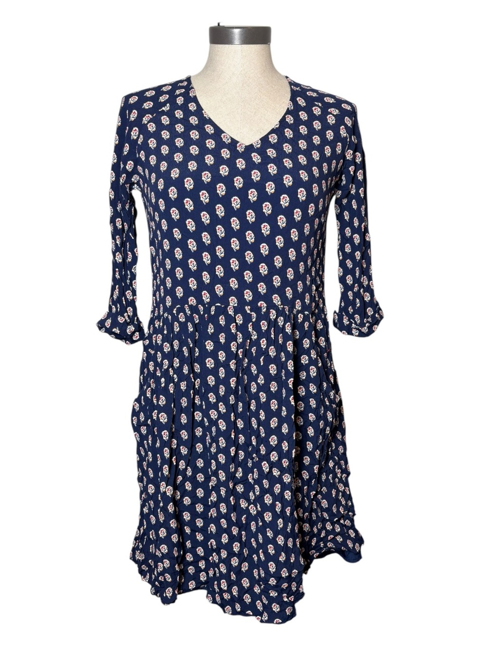 Garnet Hill Size 6 Navy Floral Boho Fit & Flare Dress 3/4 Sleeve V Neck